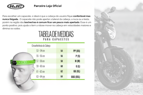 Tabela de tamanhos do Capacete Escamoteável Motociclista Hjc I90 