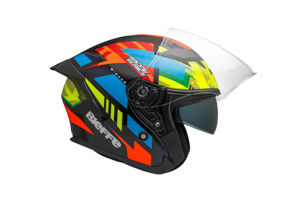 Capacete Moto Aberto Bieffe B-pace Aragon Preto Colorido Com Oculos Solar Interno