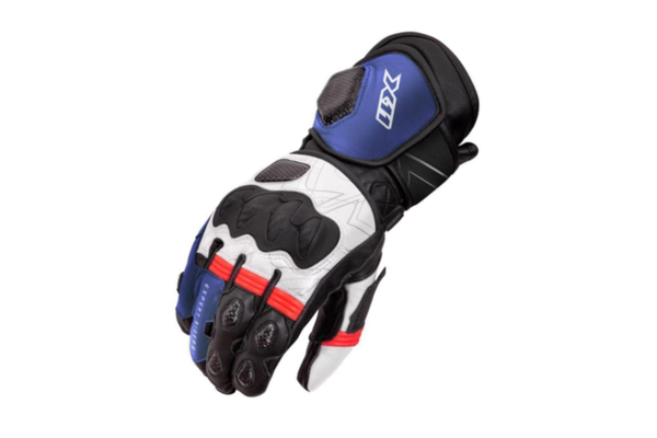 Luva X11 Racer 2 Cano Longo em Couro Com Proteção detalhes nas cores branca,azul e vermelha